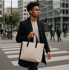 Міський пейзаж, де стильний чоловік несе сумку-тоут, переходячи вулицю по пішохідному переході. Міський фон, велосипеди, пішоходи та сучасна архітектура на задньому плані. Сумка сучасна, лаконічна та модна.