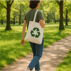 Людина йде парком або природною стежкою, несучи екологічну сумку на плечі. Повсякденний одяг, весняний або літній пейзаж з деревами, травою та м’якими тінями. Сумка рухається природно, як частина моменту життя.